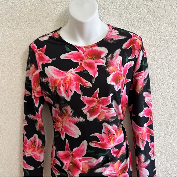 Jonathan Cohen Women’s Black Pink Floral Hibiscus Bodycon Long Sleeve Midi Dress - Picture 7 of 11